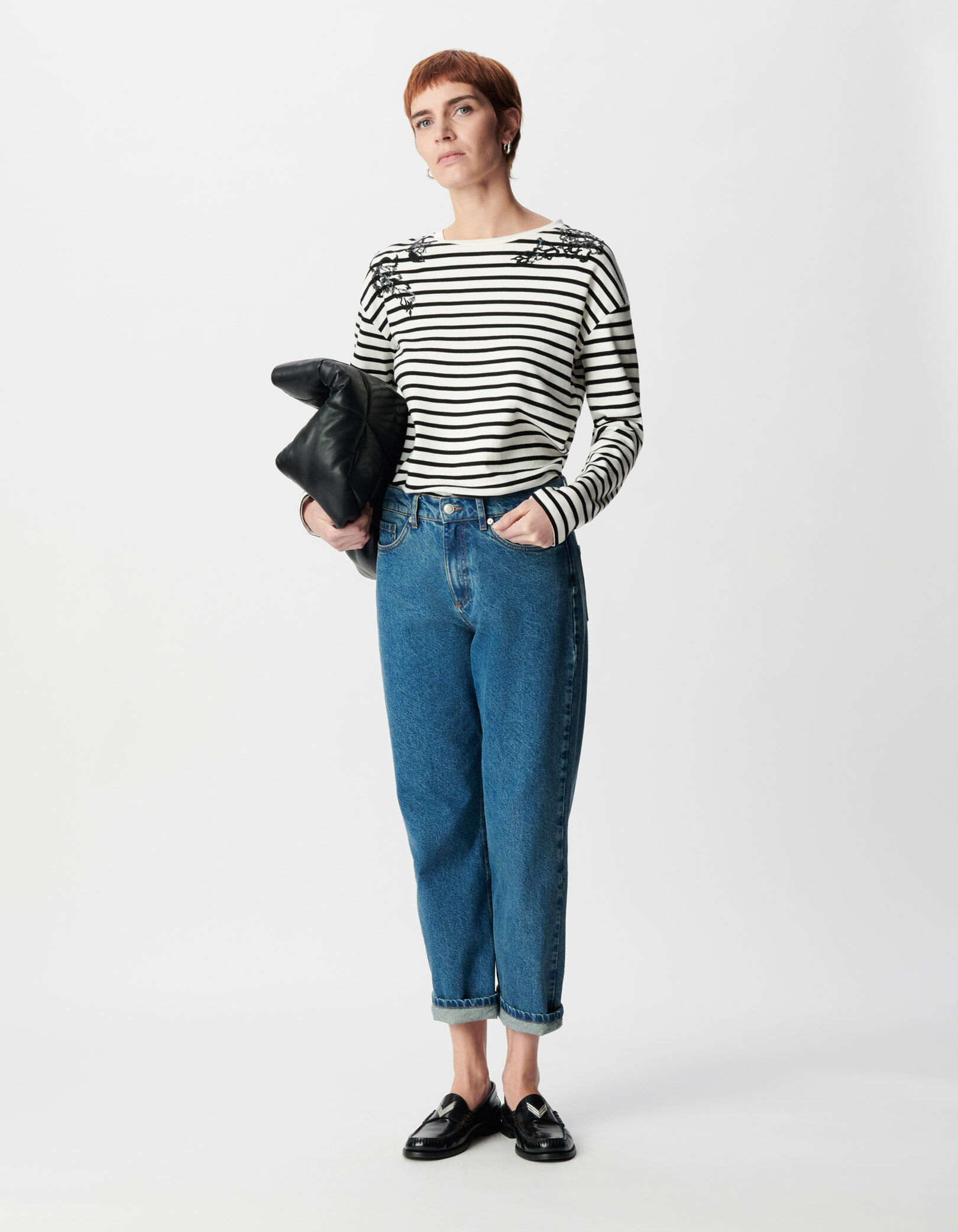 Tee-shirt marinière coton bio broderies épaules Femme