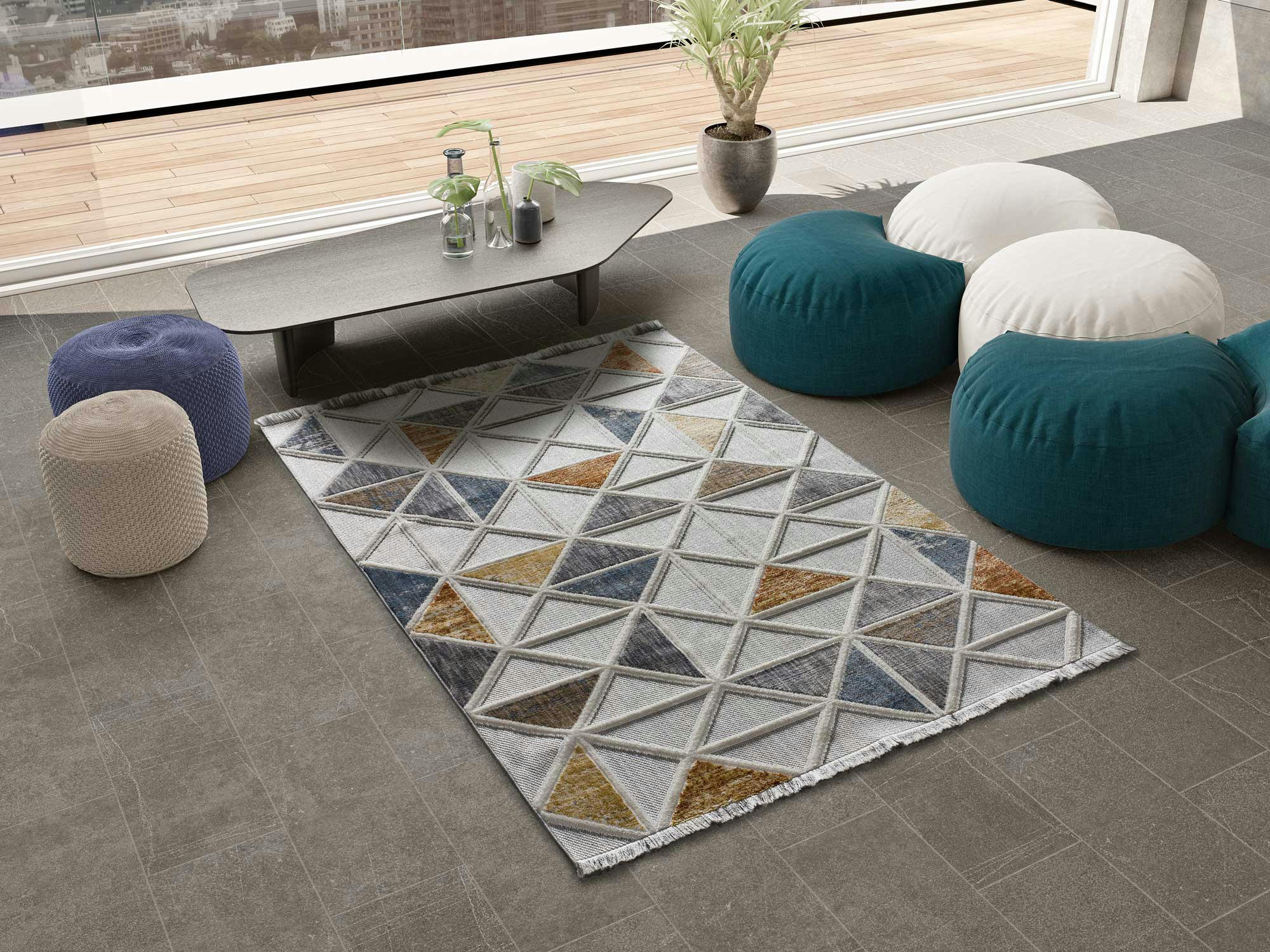 BROADWAY - Tapis géométrique avec relief et franges, multicolore, 155X230 cm