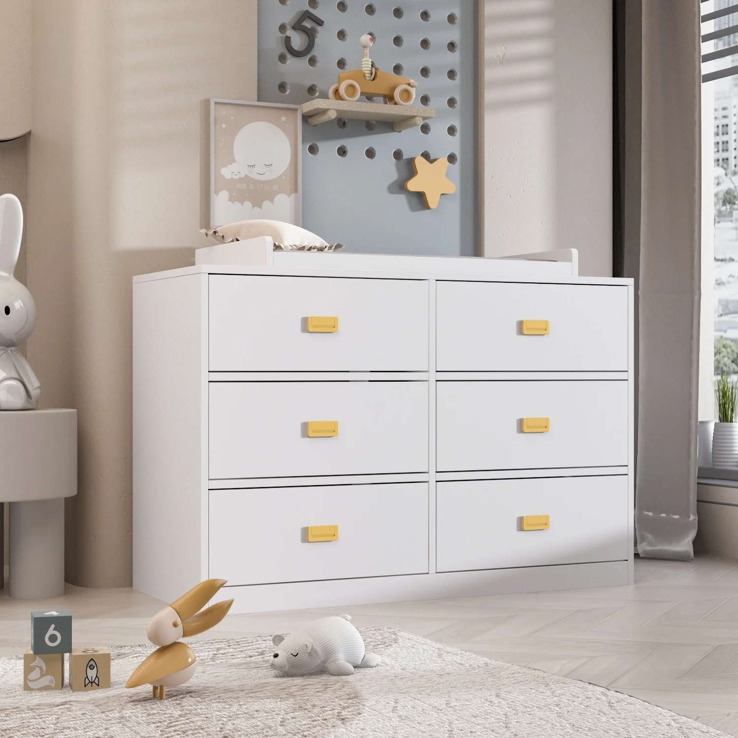 Dresser 6 Drawers With Baby Changing Table In White/Grey Golden Handle - 45.1W