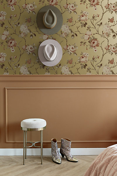ESTAhome papier peint fleurs vintage or et rose terracotta 53 cm x 10.05 m