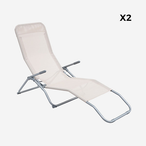 Lot de 2 bains de soleil pliants - Levito Taupe - Transats textilène 2 positions. chaises longues