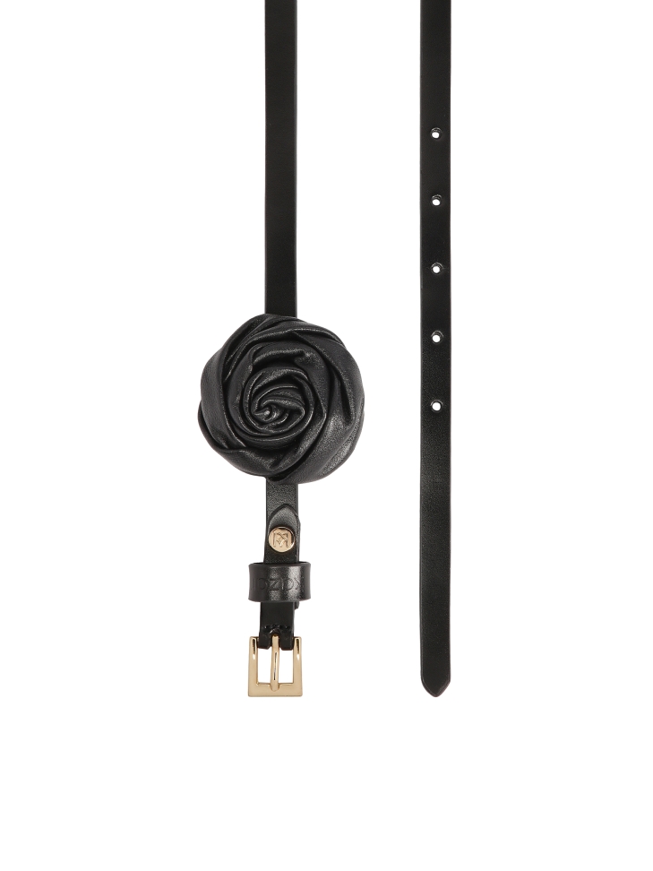 Narrow leather belt with 3D rose