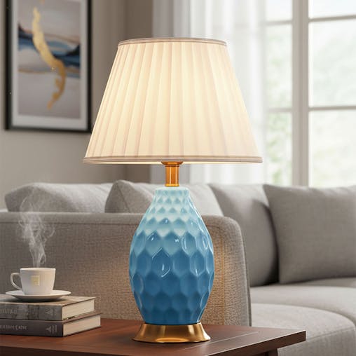 SOGA Textured Ceramic Oval Table Lamp with Gold Metal Base Blue