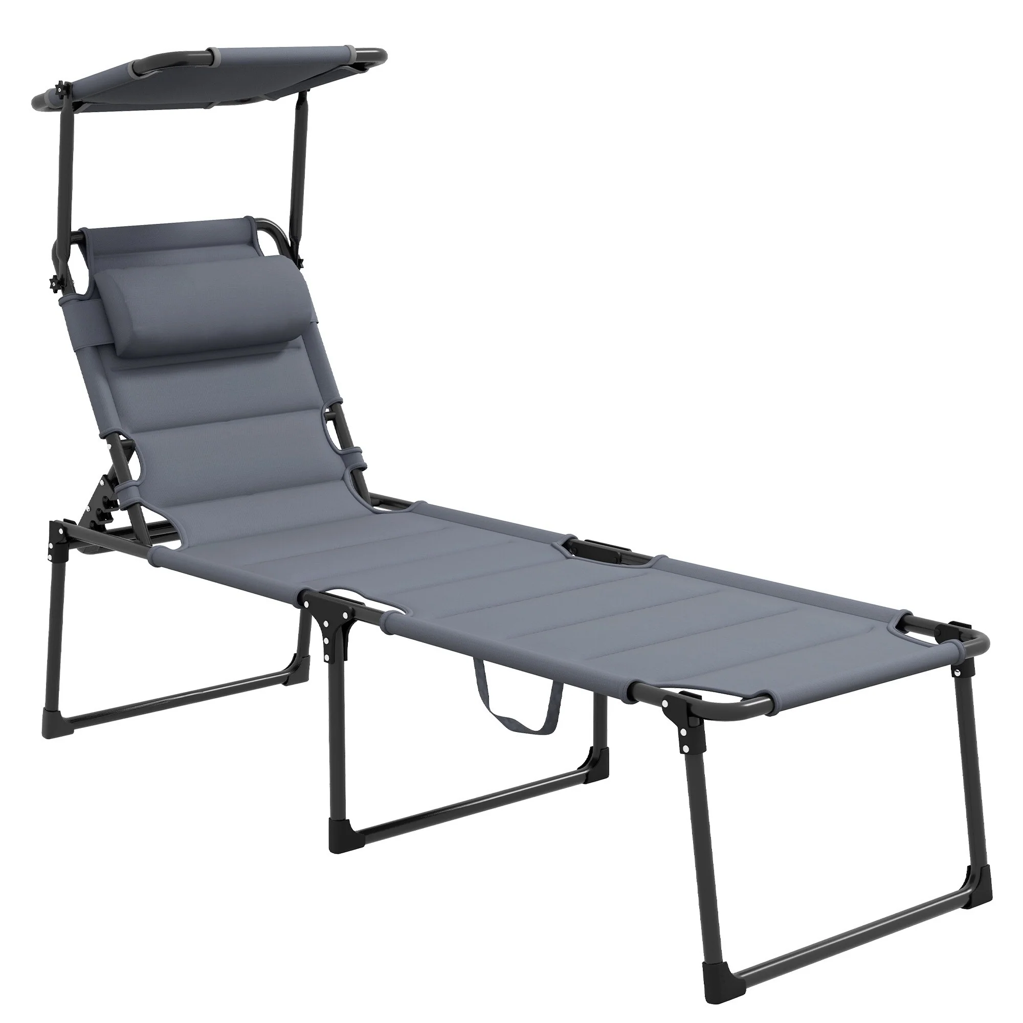 Outdoor Lounge Chair with 4-Level Adjustable, Folding Chaise Lounge Tanning Chair with Sunshade Roof & Pillow Headrest