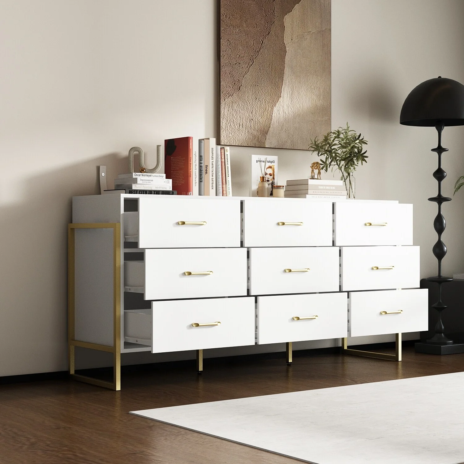 Elegant 9-Drawer Dresser with Gold Accents - Black Stripe Finish Chest
