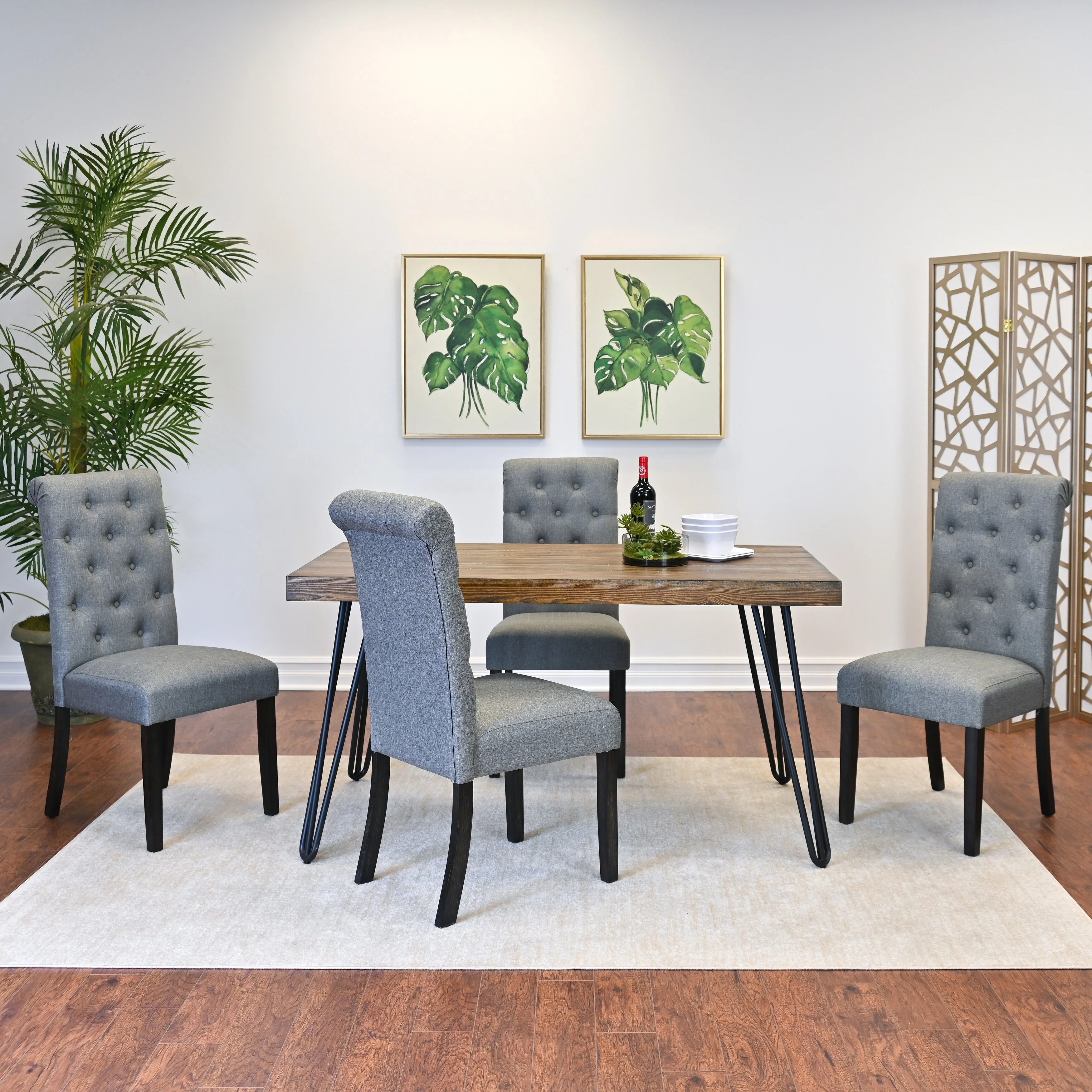 Dining Room Furniture Set for 4, Rectangular Trestle Kitchen Table with 4 Upholstery High Back Chairs and Metal Table Legs