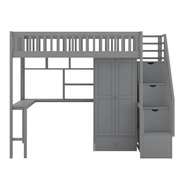 Stairway Wood Loft Bed with Desk, Bookshelf, Drawers and Wardrobe