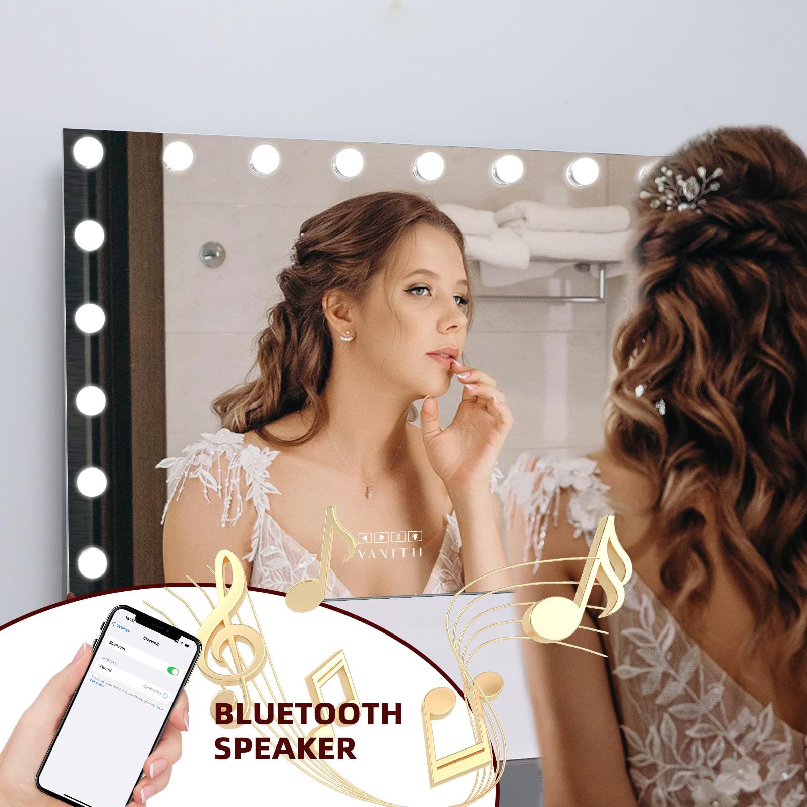 VANITII GLOBAL Hollywood Bluetooth Vanity Makeup Mirror with Lights 18 LED Tabletop Wall 80x58cm