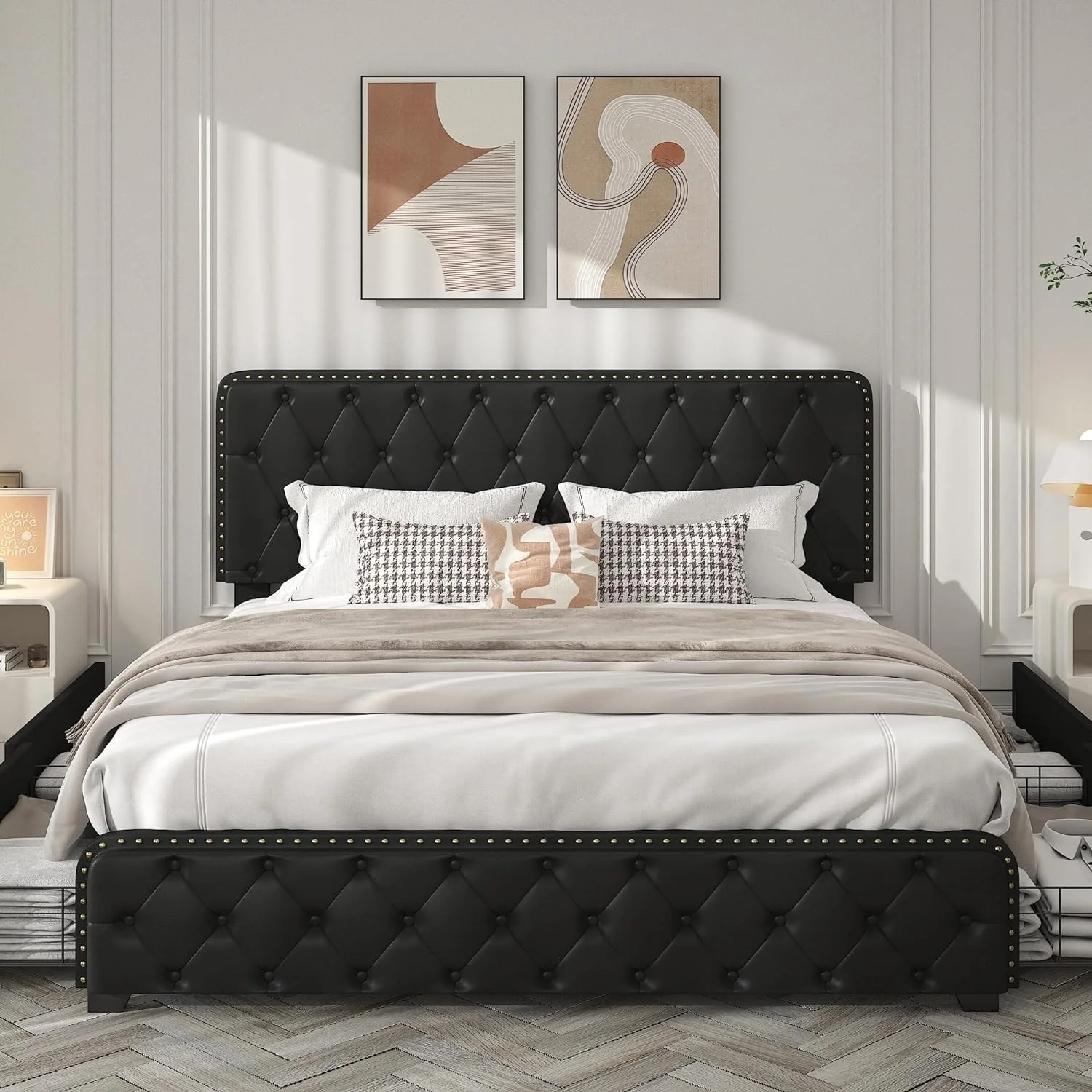 Lifezone Upholstered Queen Bed Frame with Headboard & 4 Storage Drawers