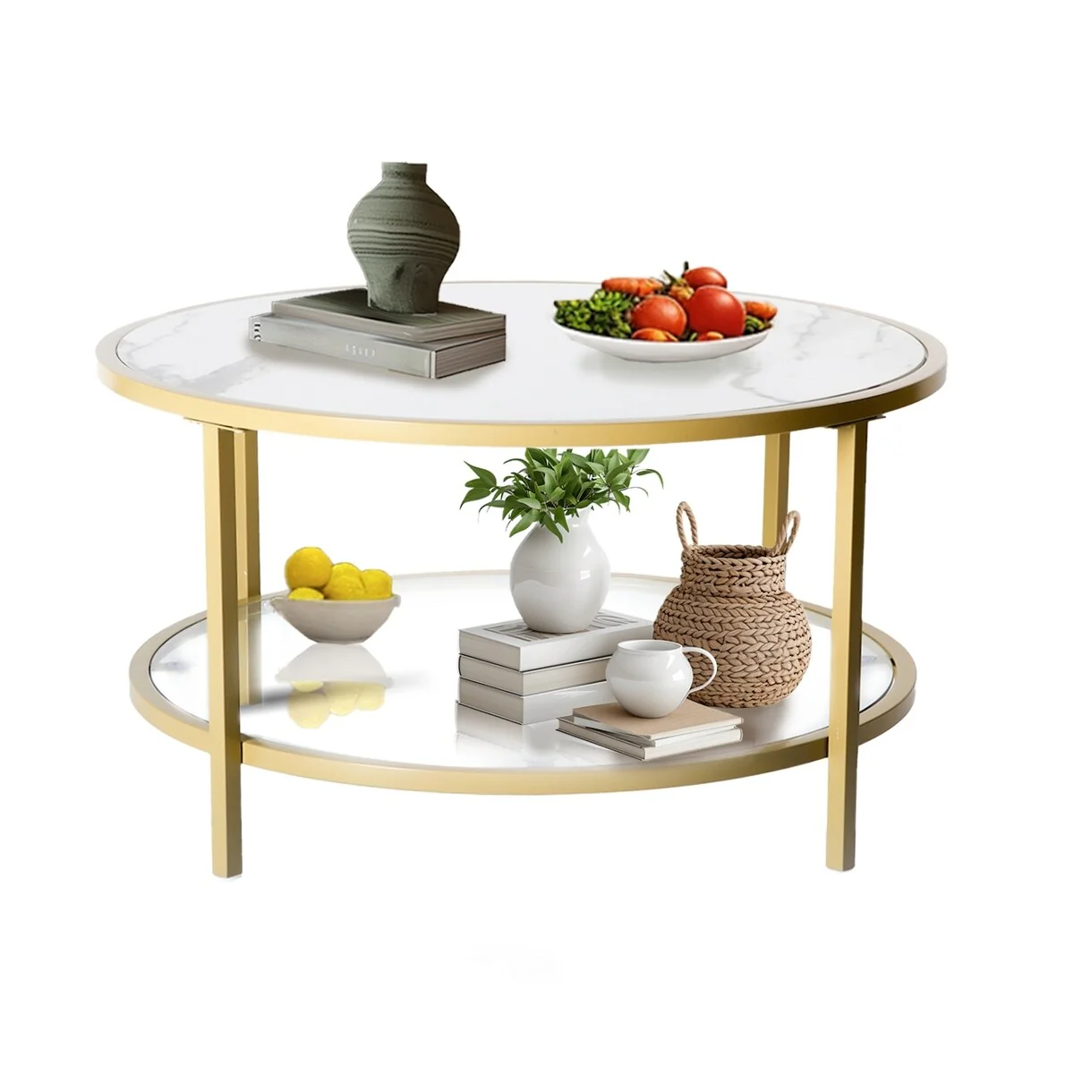 HomyLin Modern Round Coffee Table with Golden Metal Frame