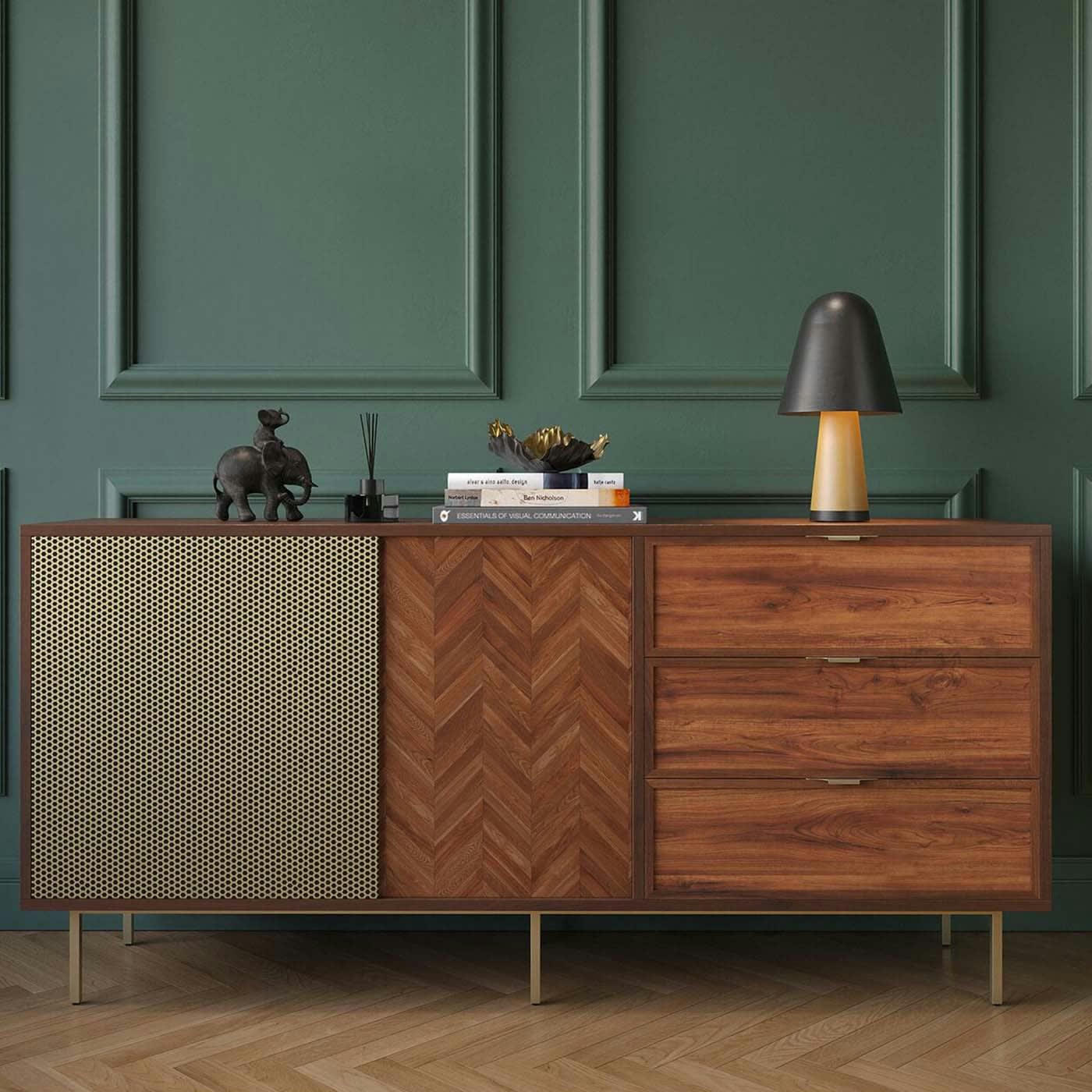 ARIZONA - Buffet 2 portes 3 tiroirs marron et doré