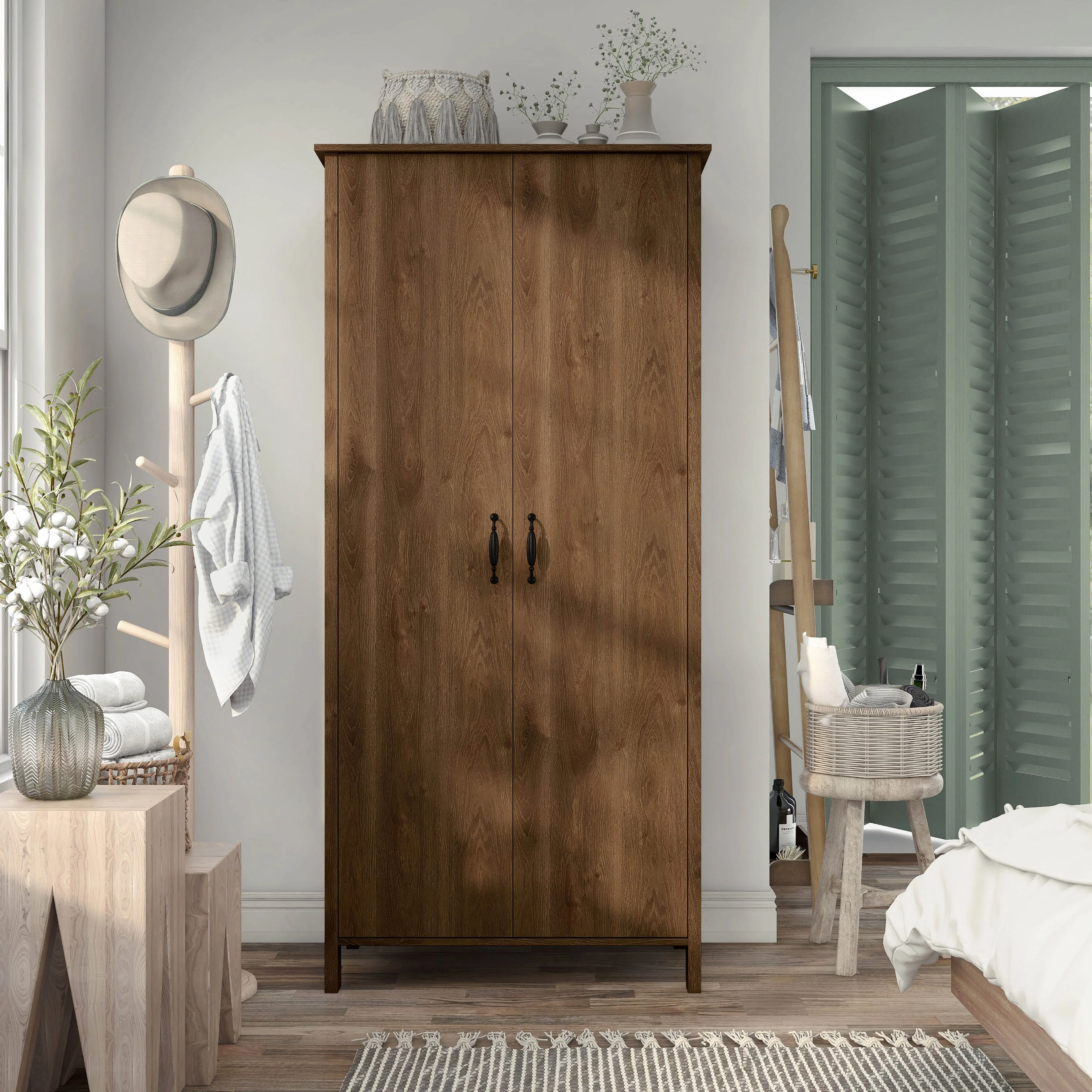 DH BASIC Rustic Distressed Walnut Double-door Wardrobe Closet with Shelves by Denhour