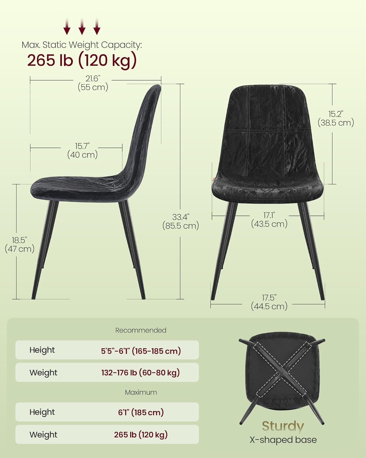 VASAGLE Set of 4 Dining Chairs, Dining Room Kitchen Chairs, Metal Frame, Adjustable Feet, Easy to Clean, Glacier-Textured PU Leather, for Kitchen, Ink Black UKDC188B01V1