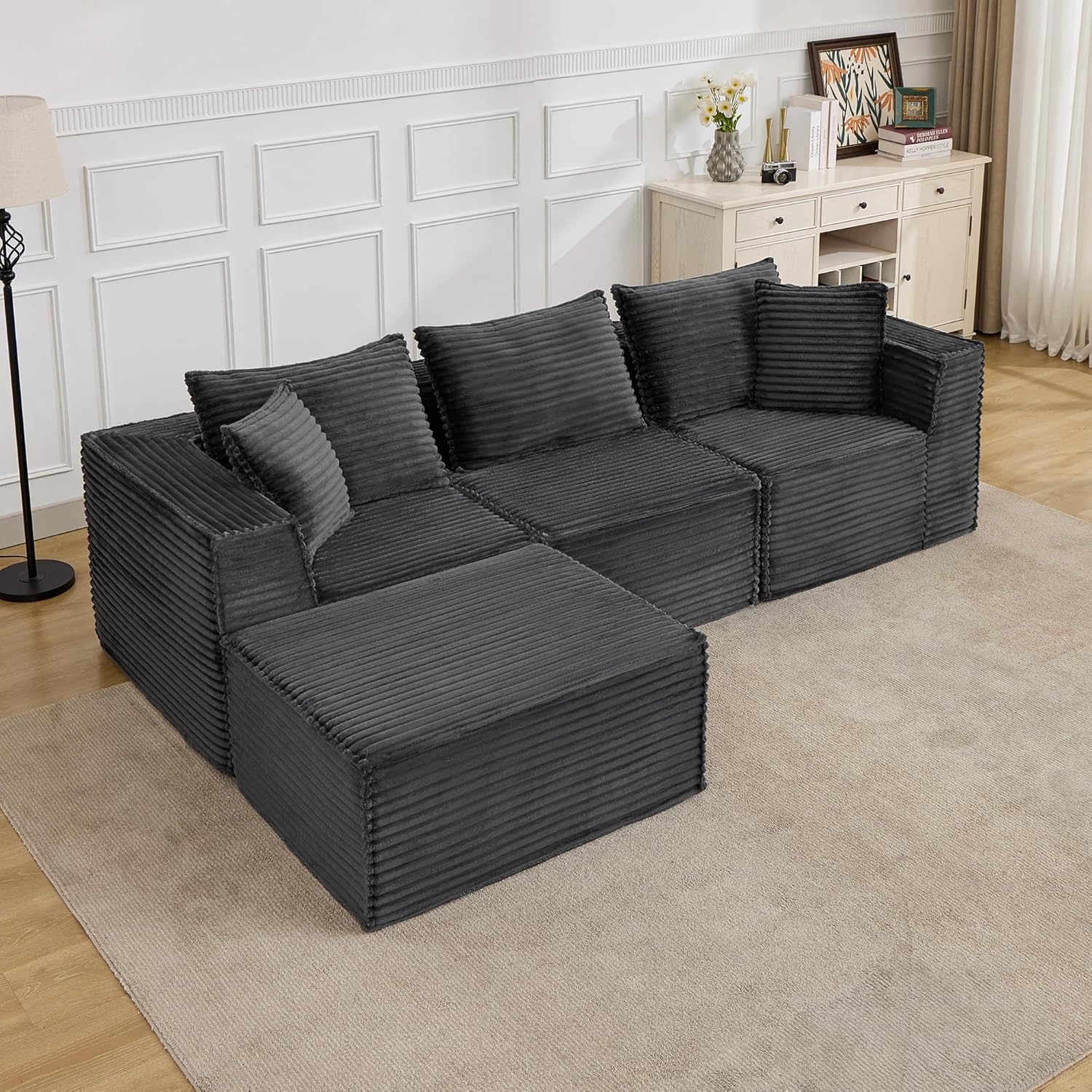 107 Modular Sectional Cloud Couch for Living Room,Deep Seat Boneless Couch,Convertible Sofas with Ottomans,No Assembly Compression Sofas, Comfy Floor Sofa with Memory Foam (3 Seater+1 Ottoman),Grey