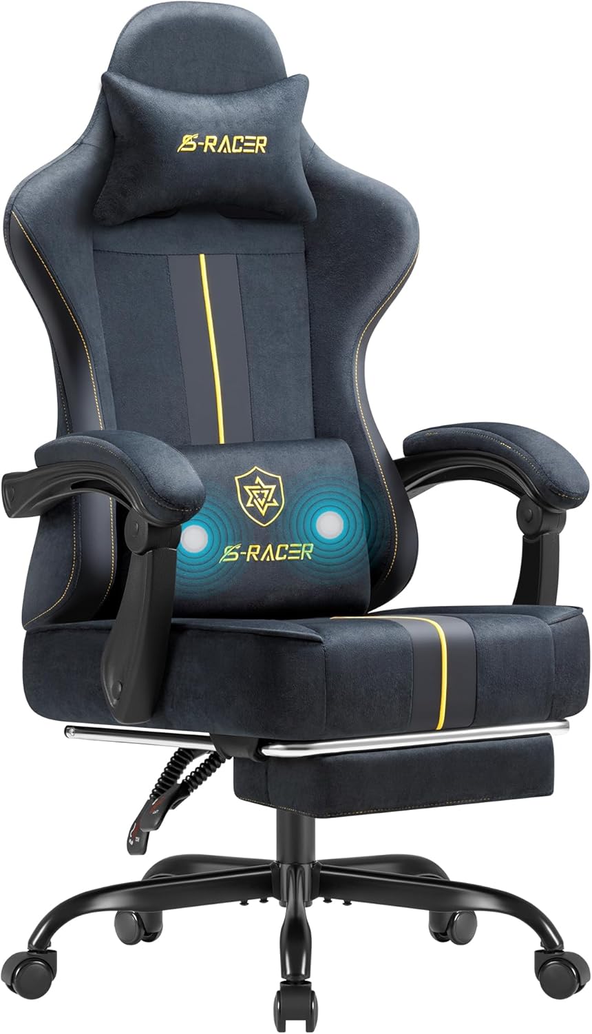 Homall Gaming Chair with Massage & Footrest, Ergonomic Computer Office Chair, High-Back Racing Style Reclining Chair with Adjustable Lumbar Support, Breathable Tech Fabric for Adults (Dark Black)