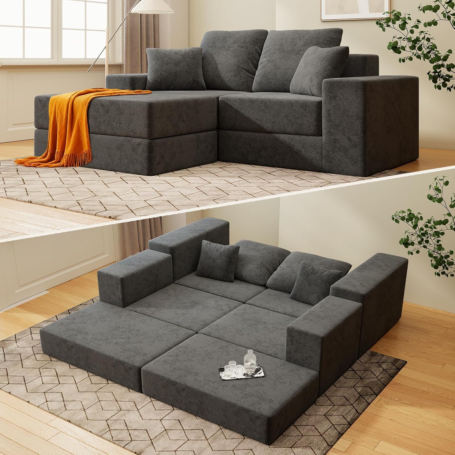 Cloud Modular Sectional Sofa, Comfy Boneless Couch for Living Room, Modern L-Shaped Couch with Reversible Chaise, Customizable Sleeper Sofa with Non Slip, No Assembly & Deep Seat, Dark Grey