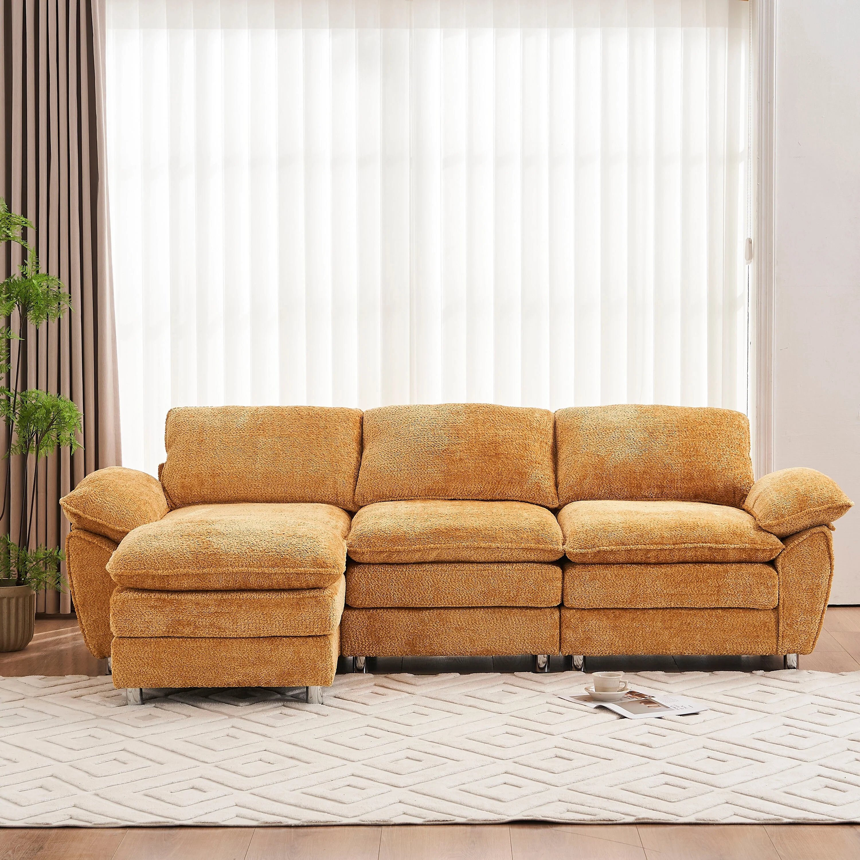 Yellow 101.6 Chenille L-Shaped Sectional Sofa with Ottoman
