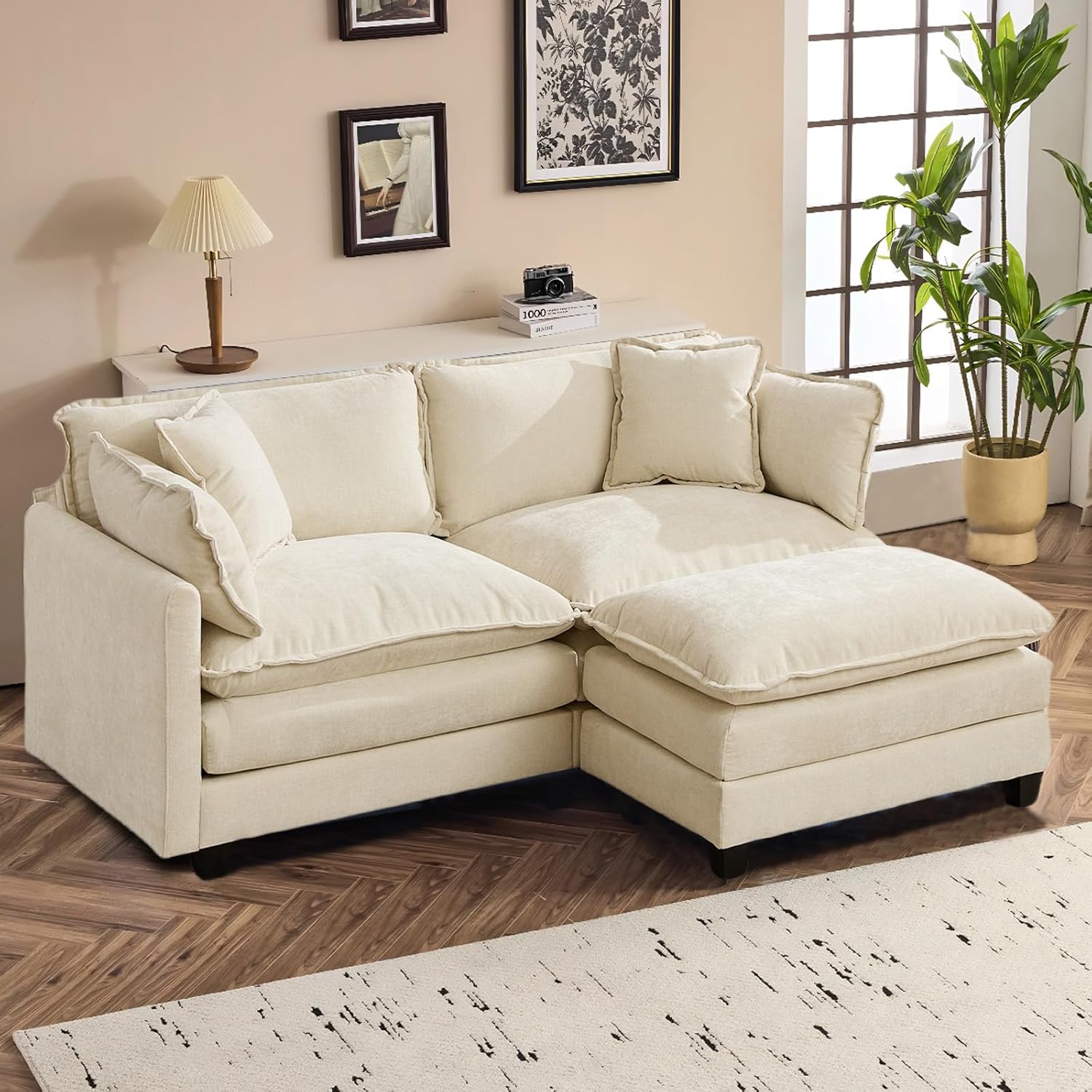 SoarFlash 77.95 Chenille Sectional Sofa, Comfy L Shaped Modular Coush Sofa with Ottoman, Modern 2 Seat Couch Deep Seat Sofa Set for Living Room,Beige
