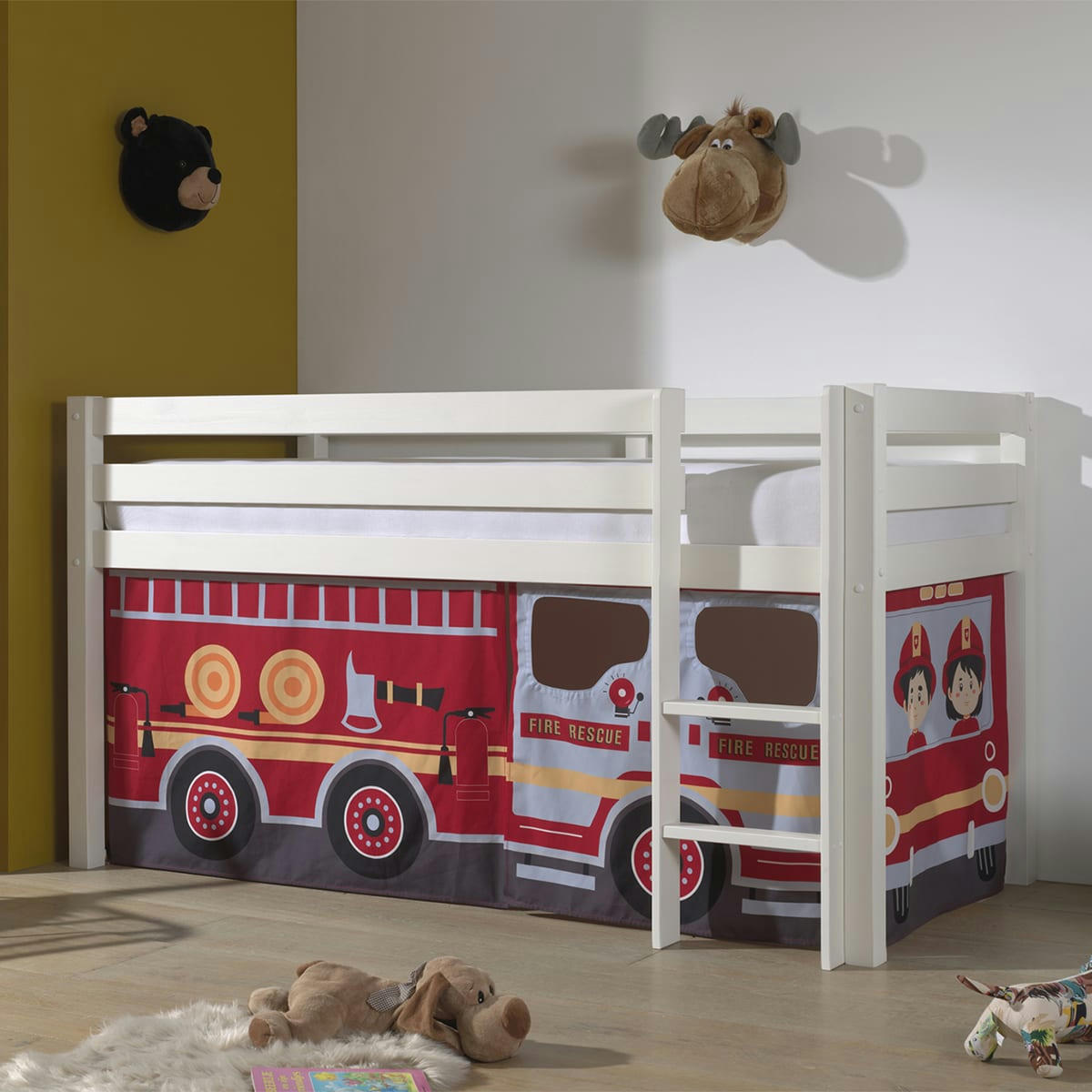 PINO - Lit mi-hauteur 90x200 sommier inclus housse pompier blanc