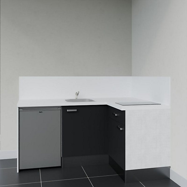 Kitchenette KA01 façades Noir - Plan de travail Blanc - Crédences : Oui - Evier inox - Electroménager Inox inclus