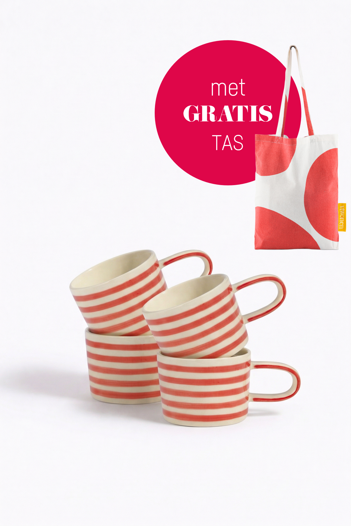 vtwonen - Mokken - Strepen - Rood - Keramiek - 350ml - Set van 4