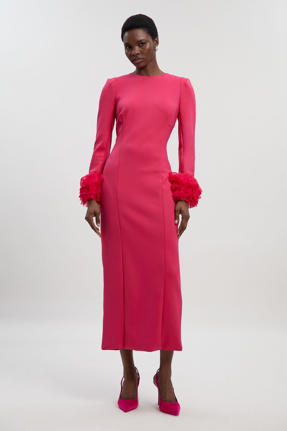 KarenMillen Scuba Drama Tulle Detail Cuff Woven Midi Dress