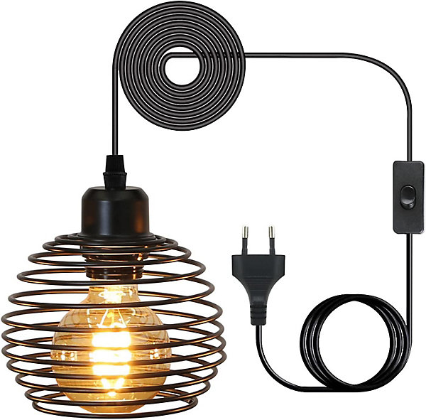 NETTLIFE Suspension E27 Noir Diam.15cm Vintage Conception à ressort Métal avec Prise et Interrupteur Rétro