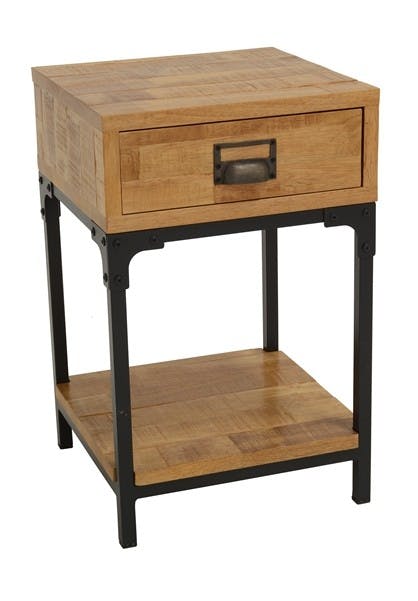 Table de Chevet / Bout de Canapé 1 tiroir, 1 plateau bas en Hévéa recyclé naturel et métal 35x35x55cm LOFT