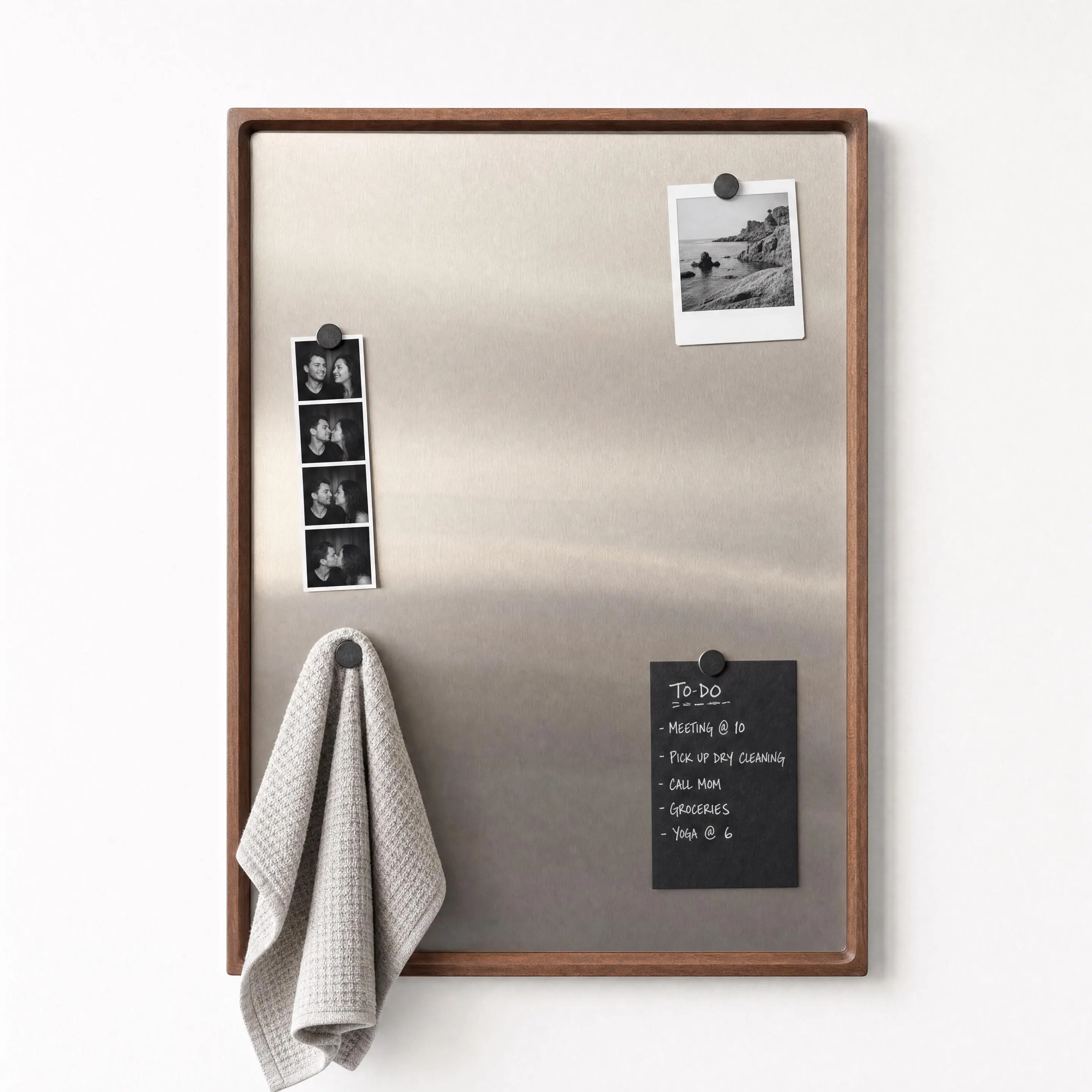 Walnut Wood Framed Magnetic Board, Stainless Steel Photo Display, Office Organizer, Minimalist Decor