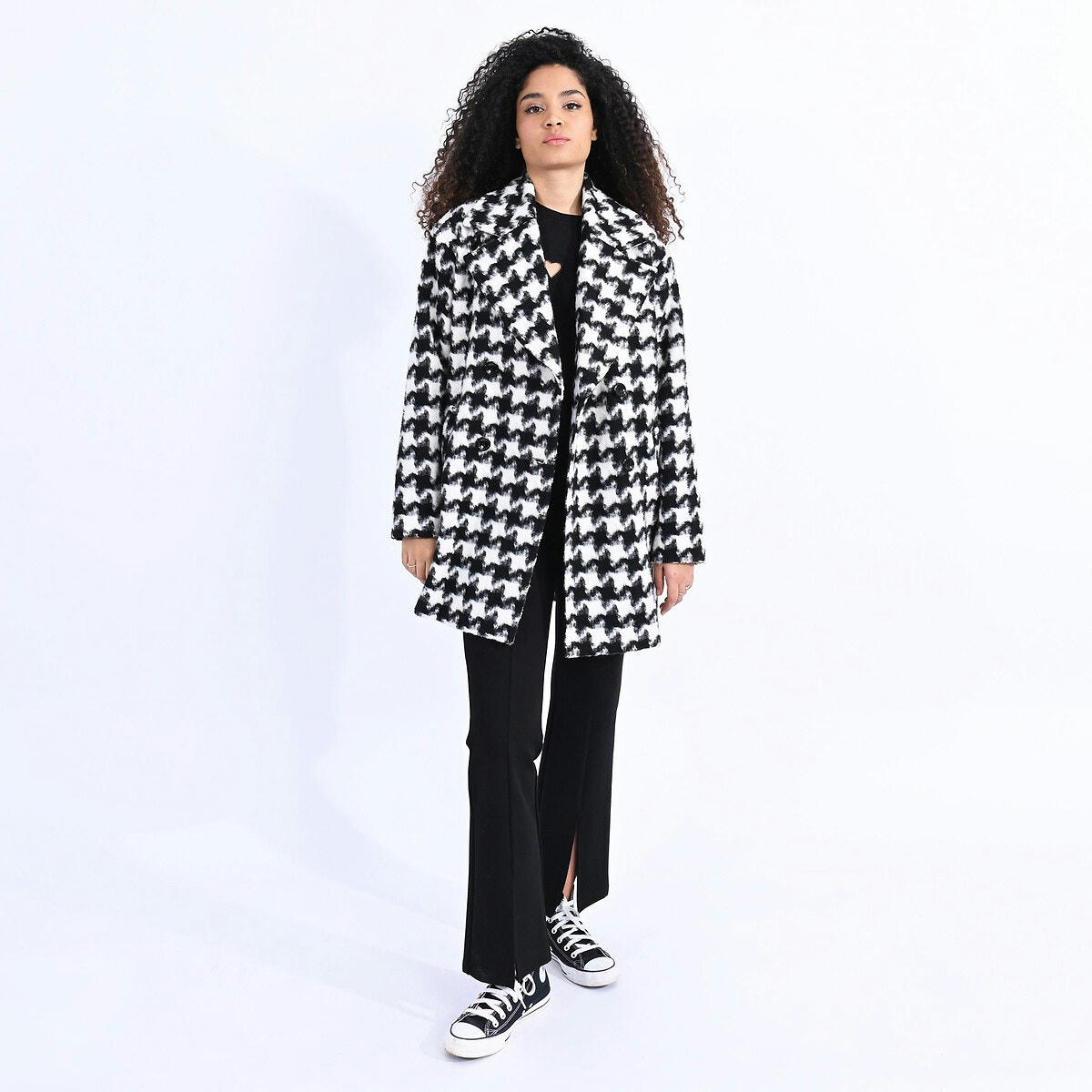 Manteau mi-long motif pied-de-poule