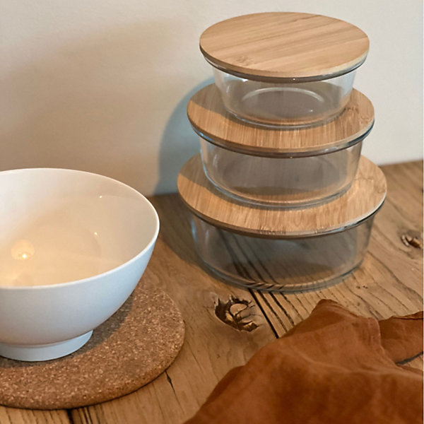Boîte ronde en verre avec couvercle hermétique en bambou 0,59 L Ornami