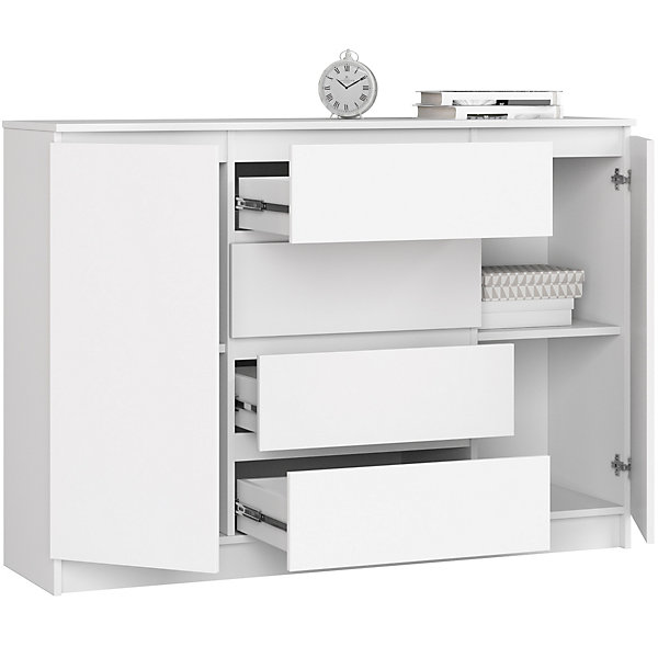Commode AKORD K140 Blanche 138 cm 2 portes 4 tiroirs façade Blanche 4 étagères 138x40x99 cm
