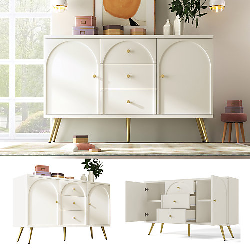 Commode avec 3 tiroirs et 2 portes - pieds dorés - en Panneaux de particules - Blanc