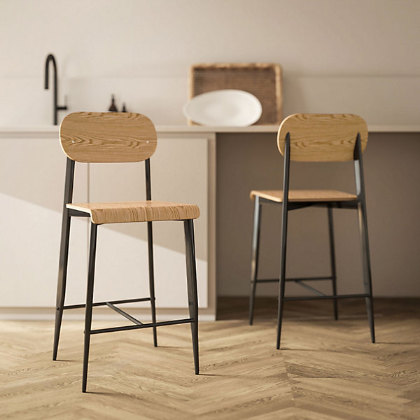 Paire De Tabourets De Bar Style Industriel - Repose-pieds, Structure Métal - Bois/noir