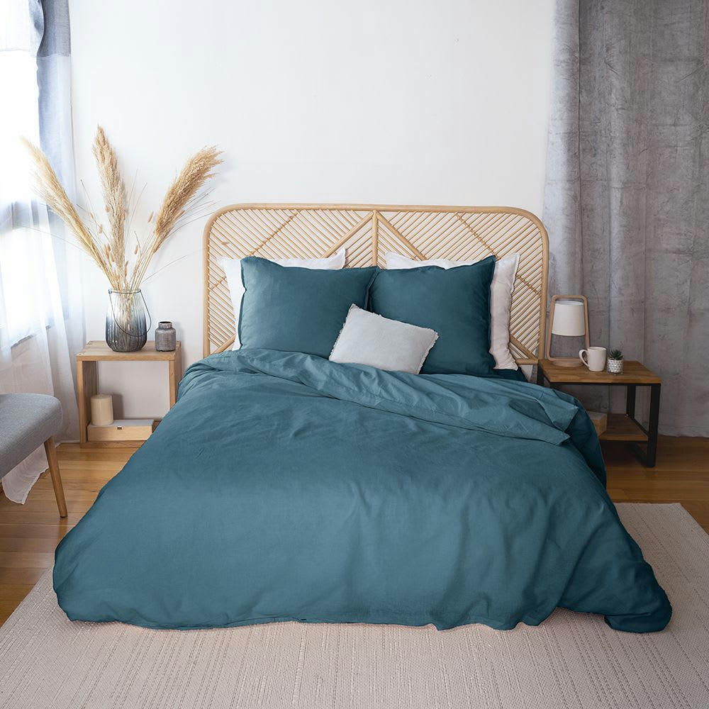 LIN MÉTIS UNI - Parure housse de couette lin/coton bleu 240x260 cm