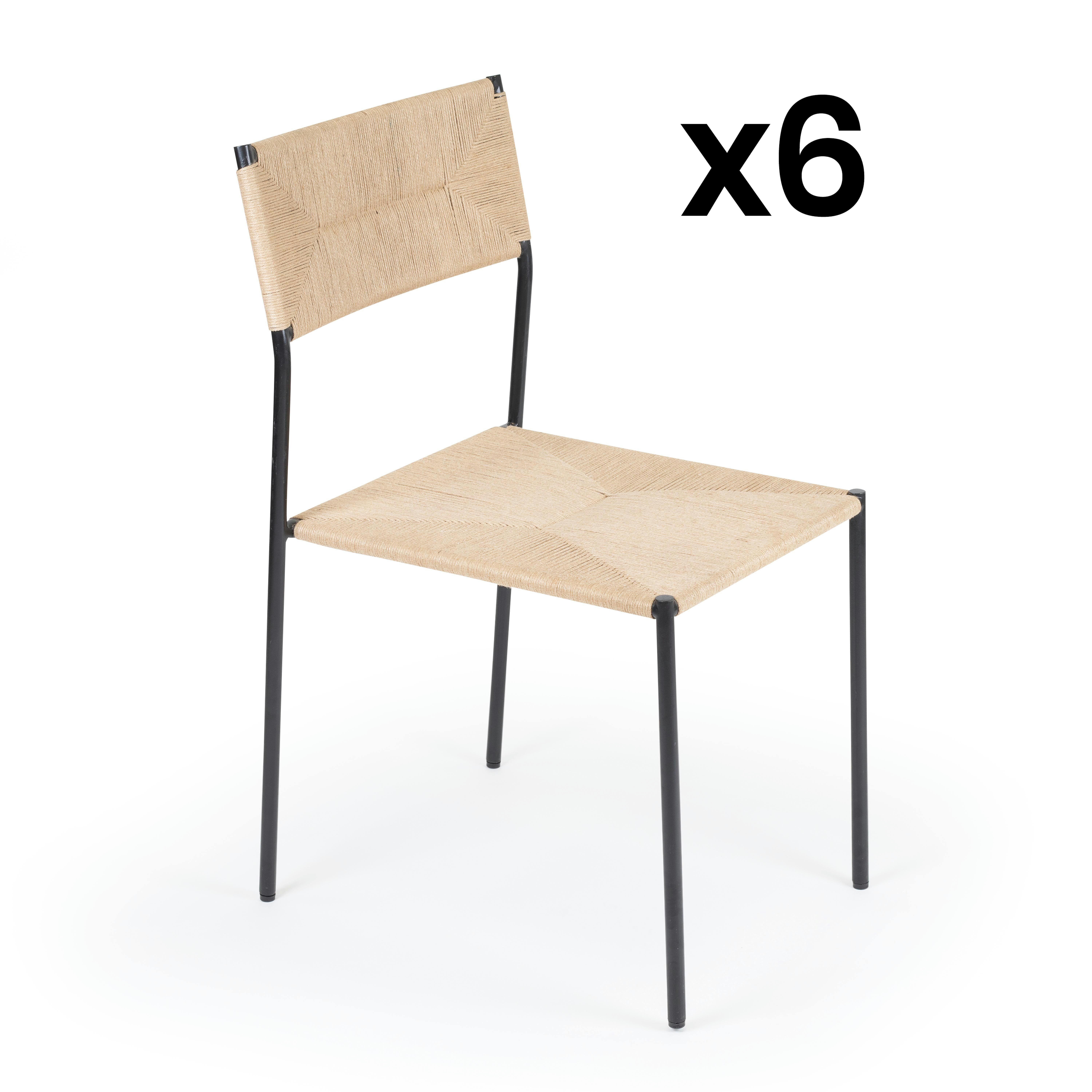 ALVA - Lot de 6 chaises en sisal tressé et métal