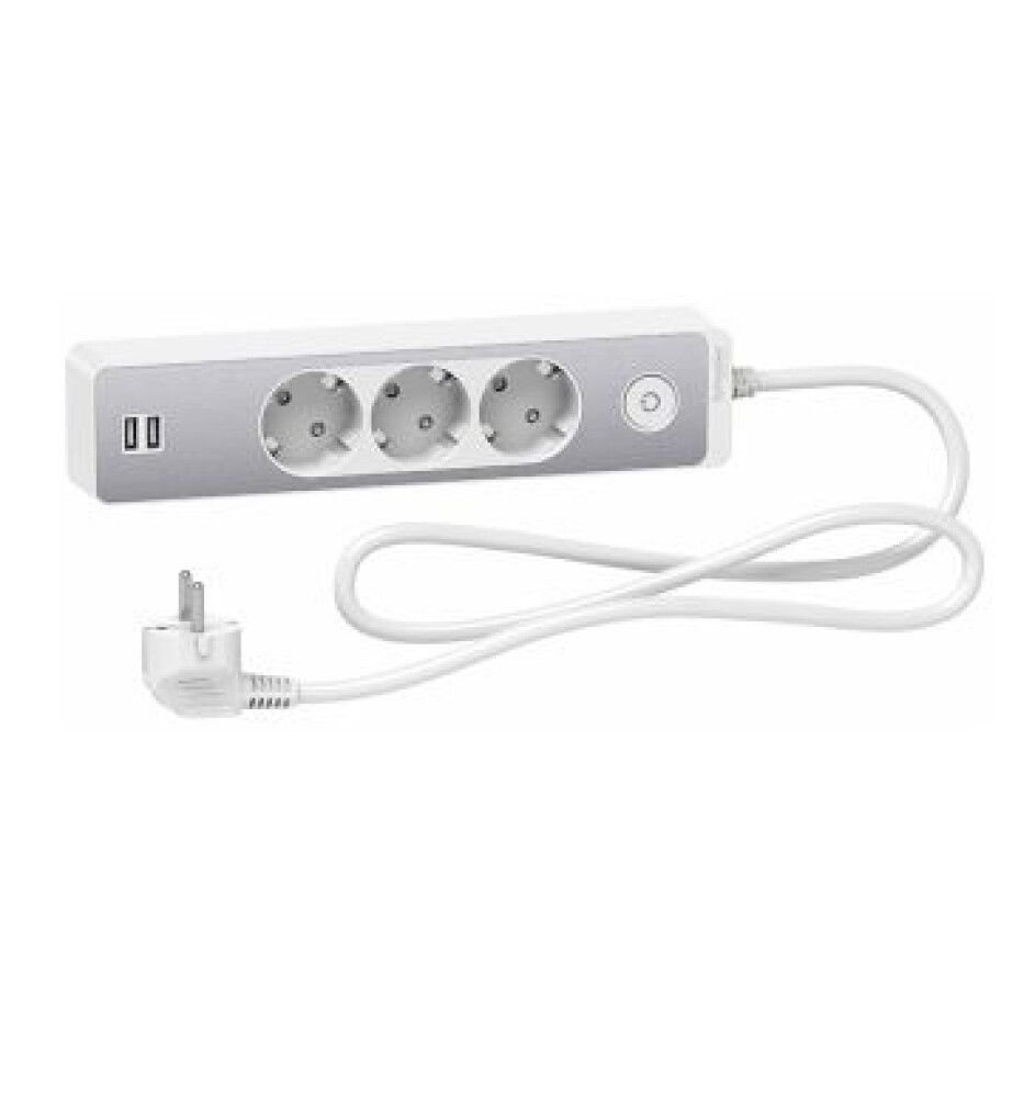 SKJØTELEDNING SCHNEIDER ELECTRIC 3-VEIS 2XUSB 1,5M HVIT/ALU