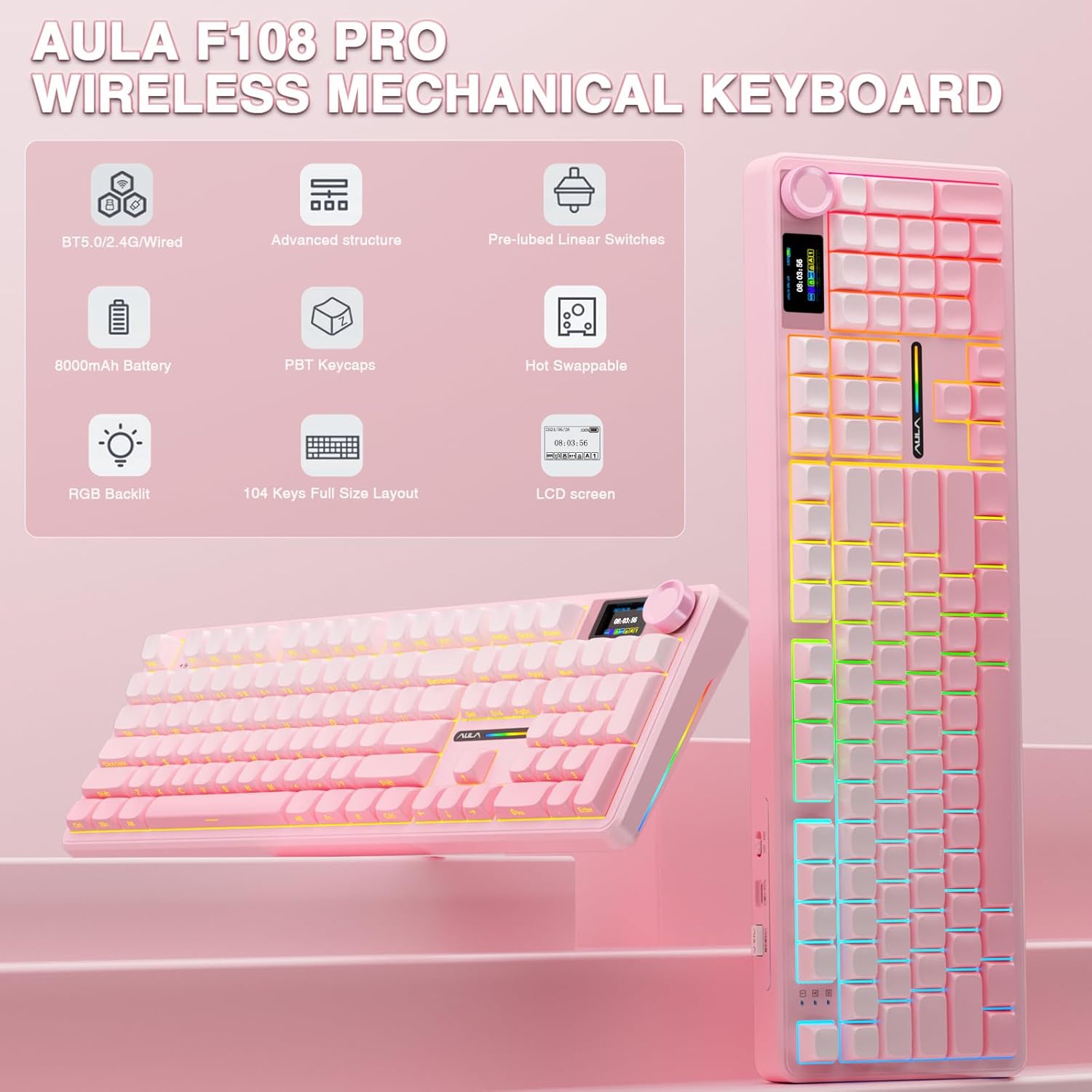 AULA F108 PRO - Wireless Mechanical Keyboard with Screen & Knob,Full Size Keyboard with 8000mAh Battery,Pre-lubed Switches,Side Printed PBT Keycaps,RGB Backlit Hot Swappable Custom Pink Keyboards