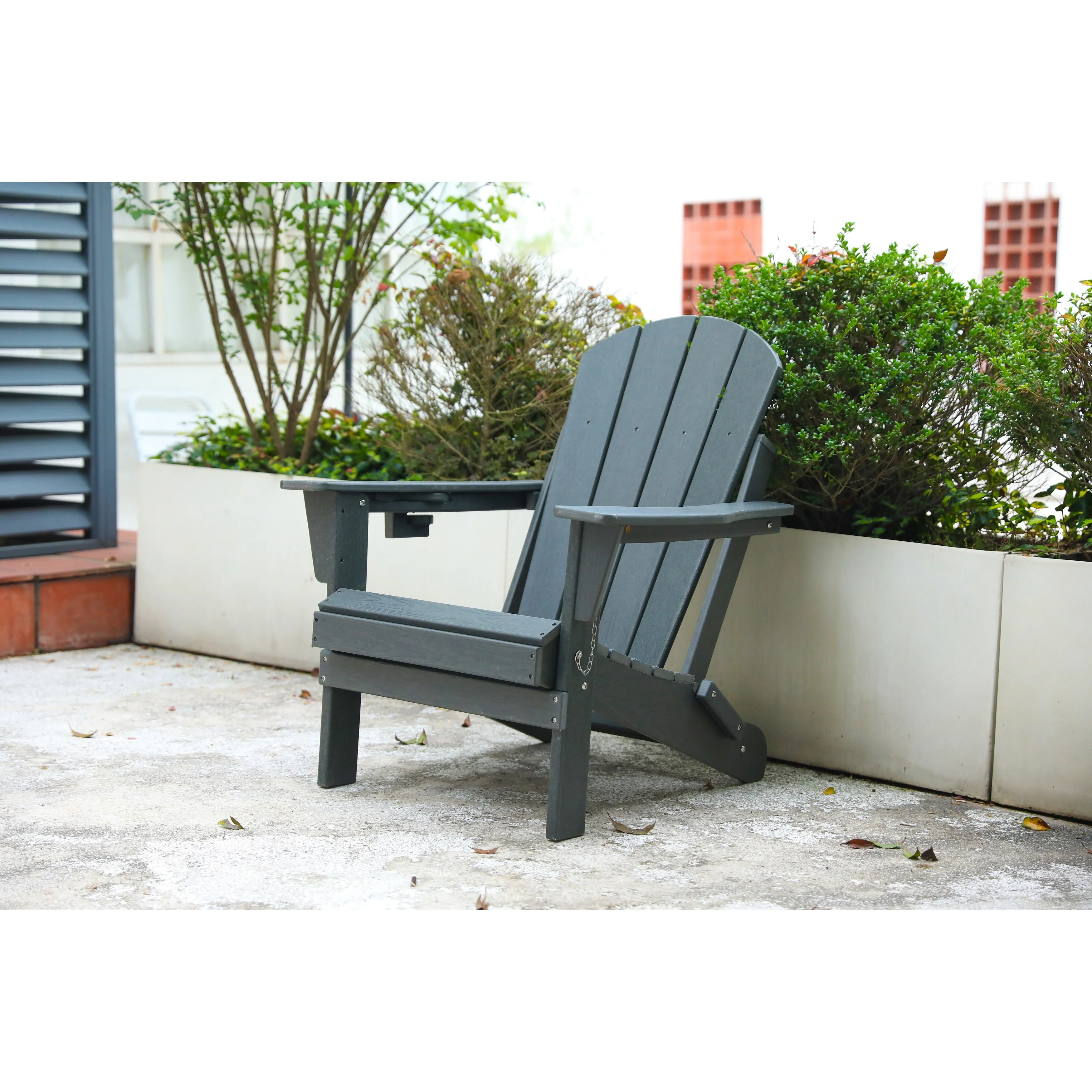 HDPE Folding Adirondack Chair with Dual Cup Holder Set of 2 - Composite Adirondack Chair with Wood Texture- Gray