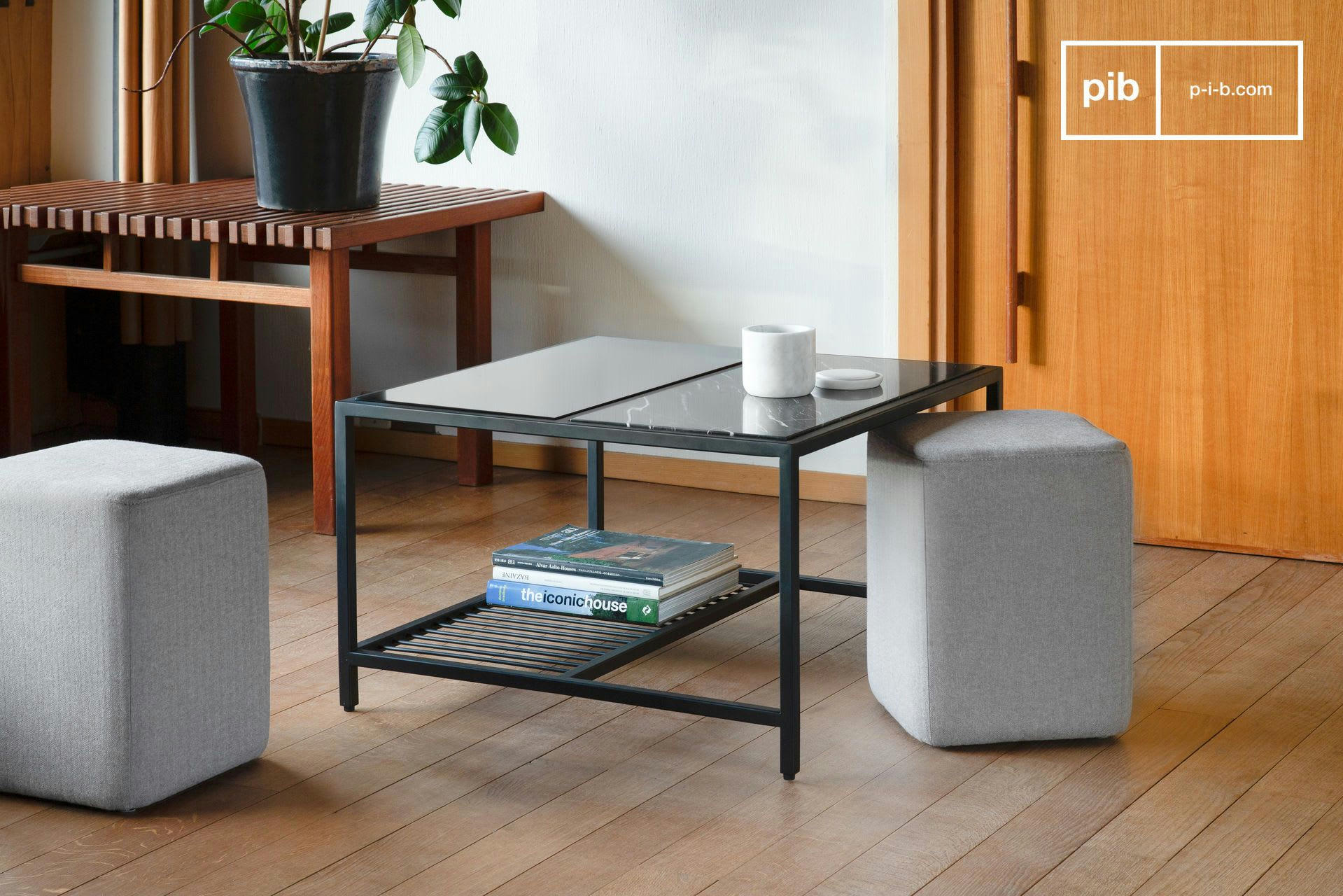 NOORA - Table basse carrée en marbre noir et poufs gris