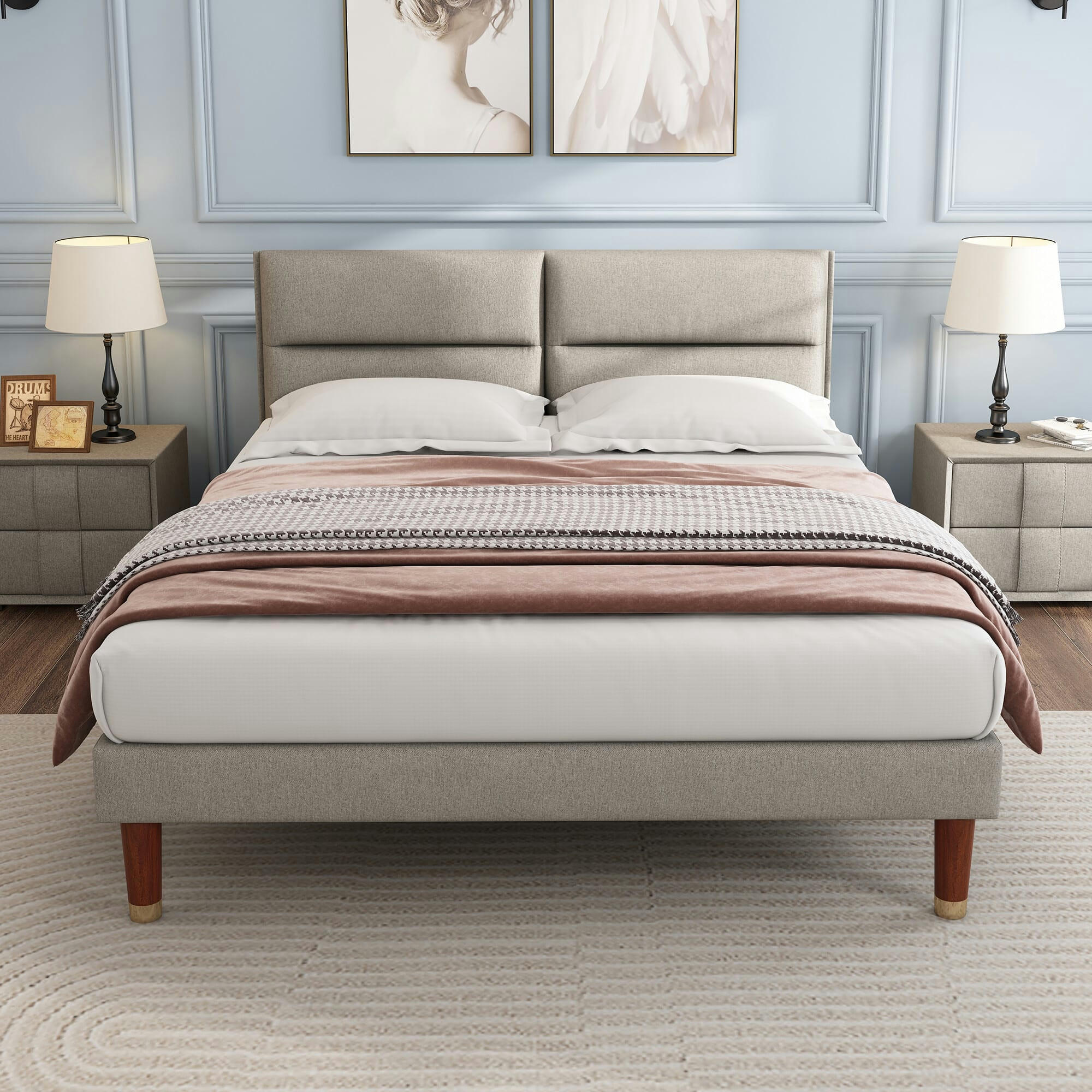 - Lit double tissu lin gris beige avec tête de lit réglable 160*200cm