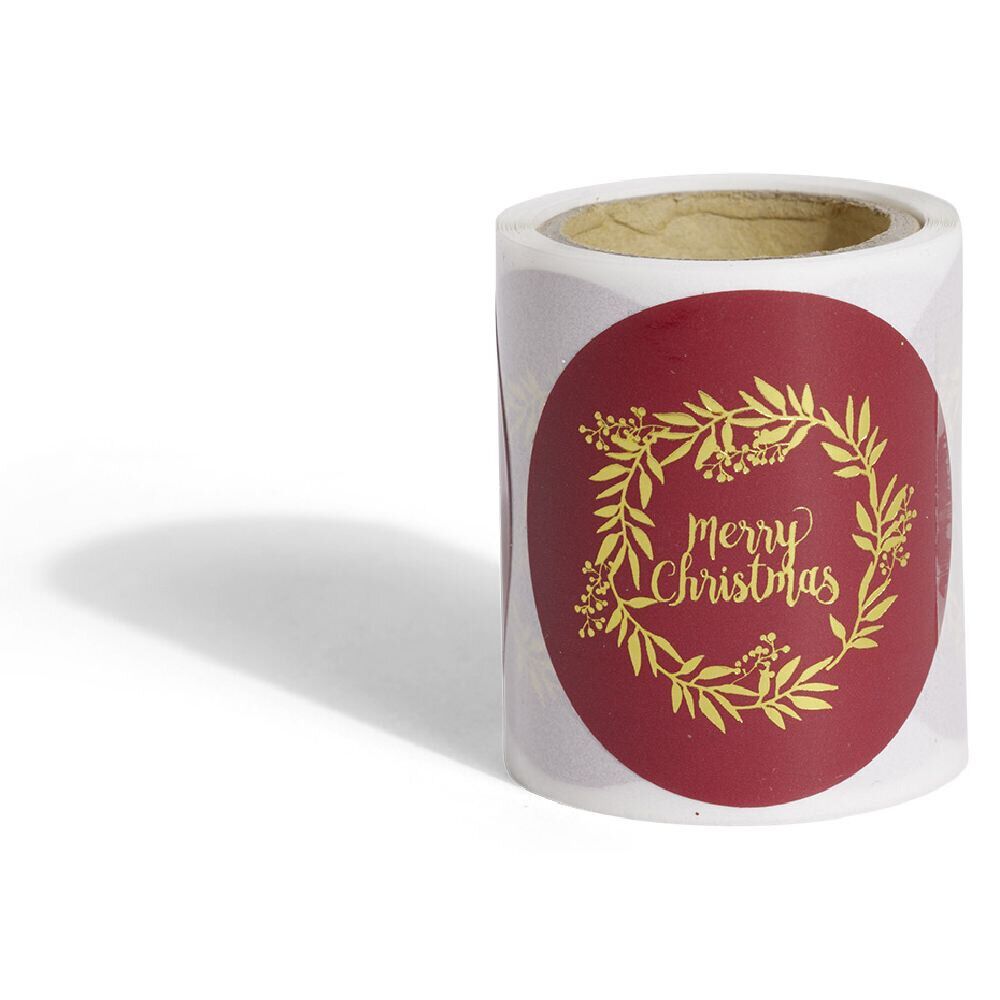 Rouleau étiquette autocollante Merry Christmas couronne rouge et dorée Ø3cm x50