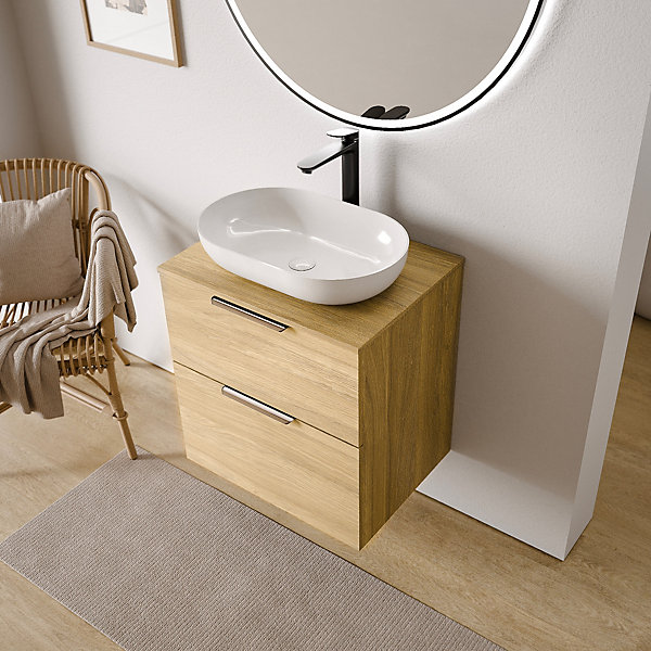 Meuble sous vasque suspendu MDF Chêne gris 60x46x62cm, Plan lavabo Noir mat   poignée Chrome - TIM60
