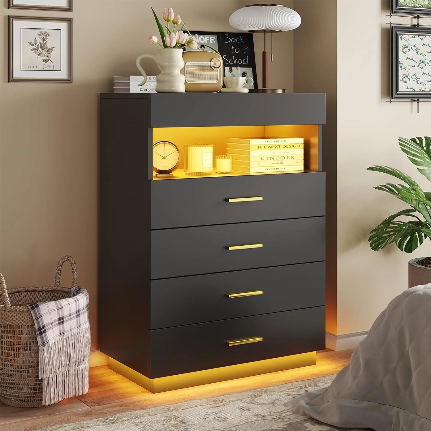 Dresser LED Lights Floating Tall Dresser 4 Large Drawers Open Storage