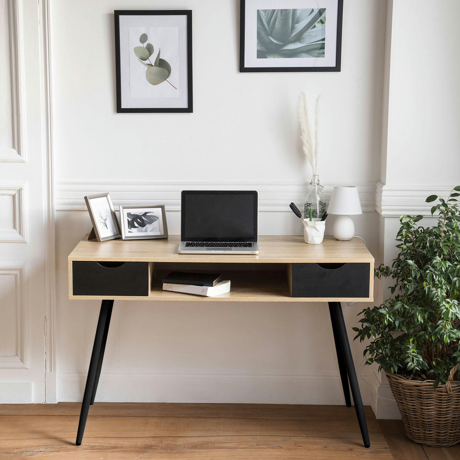 BJORN - Bureau style scandinave bois avec tiroirs noirs
