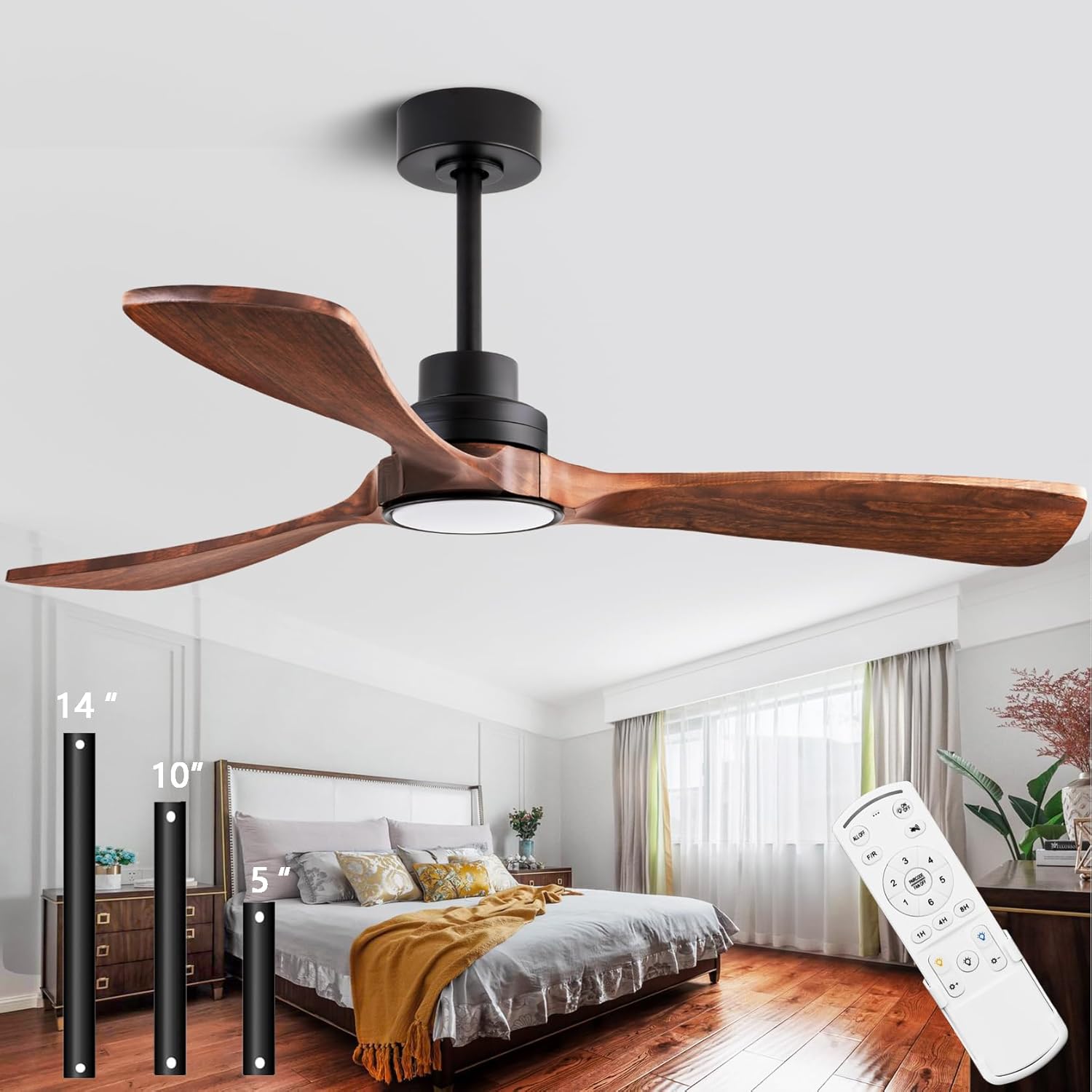 52” Ceiling Fans with Remote Control/Dimmer and Color Reduction with 3 Solid Wood Fan Blades, Ceiling Fan can be Used Indoors and Outdoors for Living Room, Dining Room, Pavilion Yard.