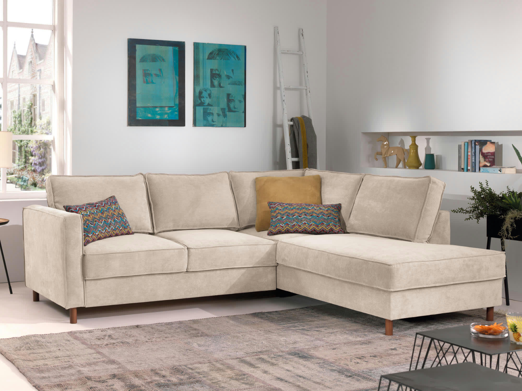 JAKE - Canapé d'angle droit convertible 5 places en velours côtelé beige