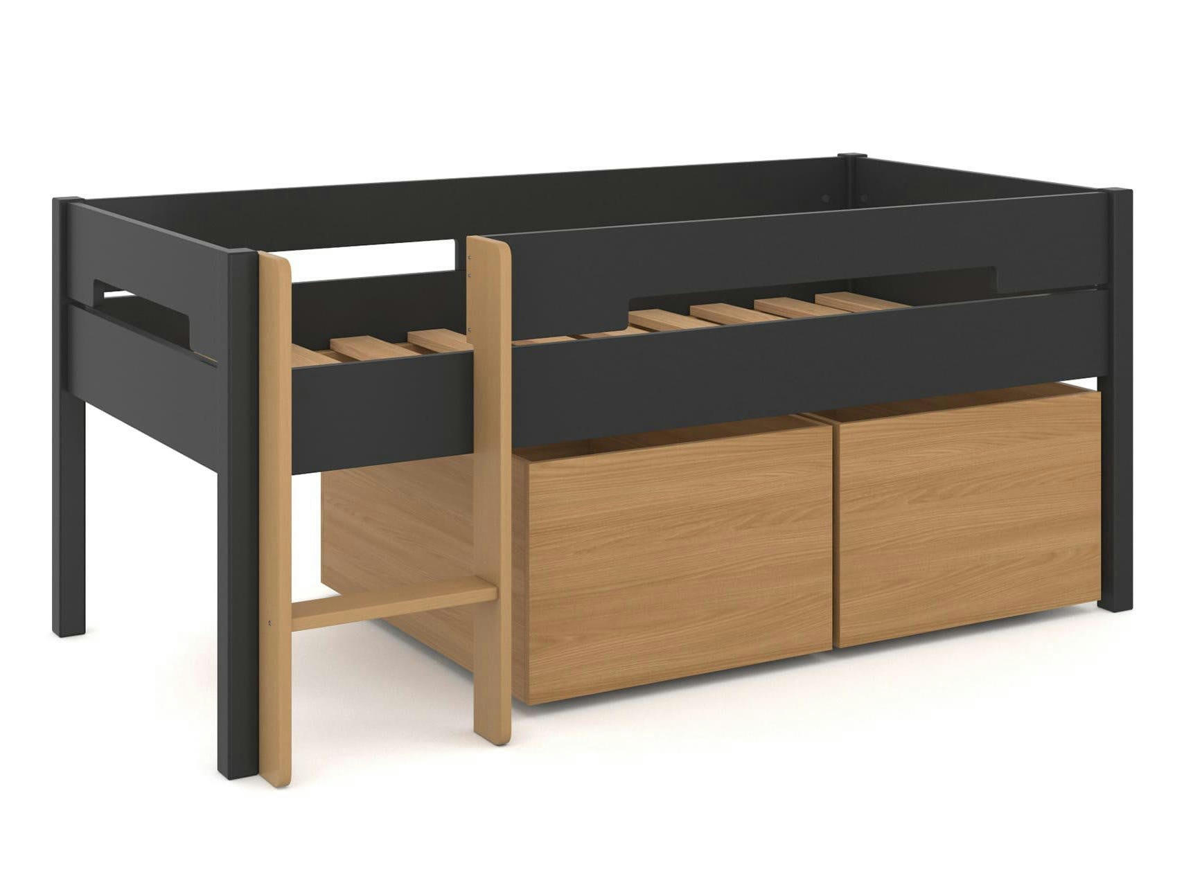 ANGEL - Lit mi-hauteur avec rangement Ardoise et Bois