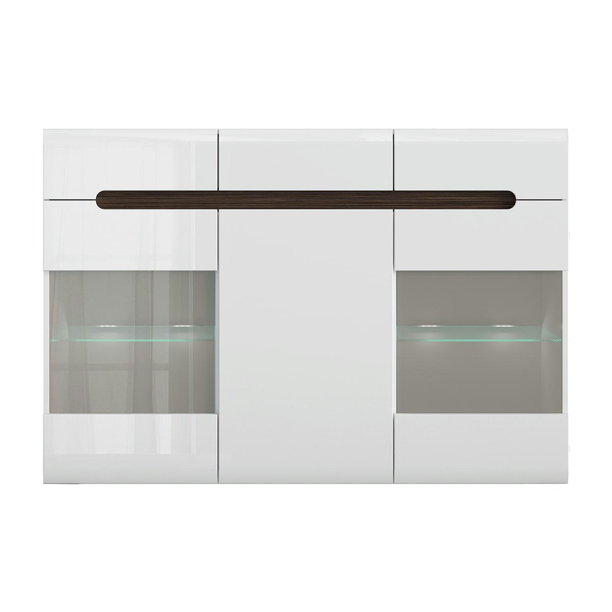 - Buffet vitré 3 portes 3 tiroirs avec led blanc laqué et naturel