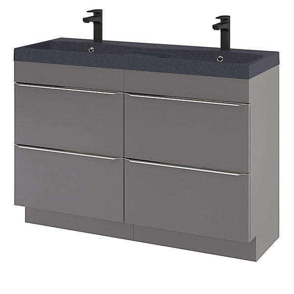 Meuble vasque à poser gris brillant l.120 cm Imandra   plan double vasque noir résine Mila, GoodHome